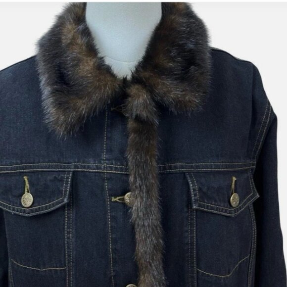 Dennis Basso Dark Blue Denim Jean Jacket w/ Removable Faux Fur Vest NWOT Sz L - Picture 14 of 15